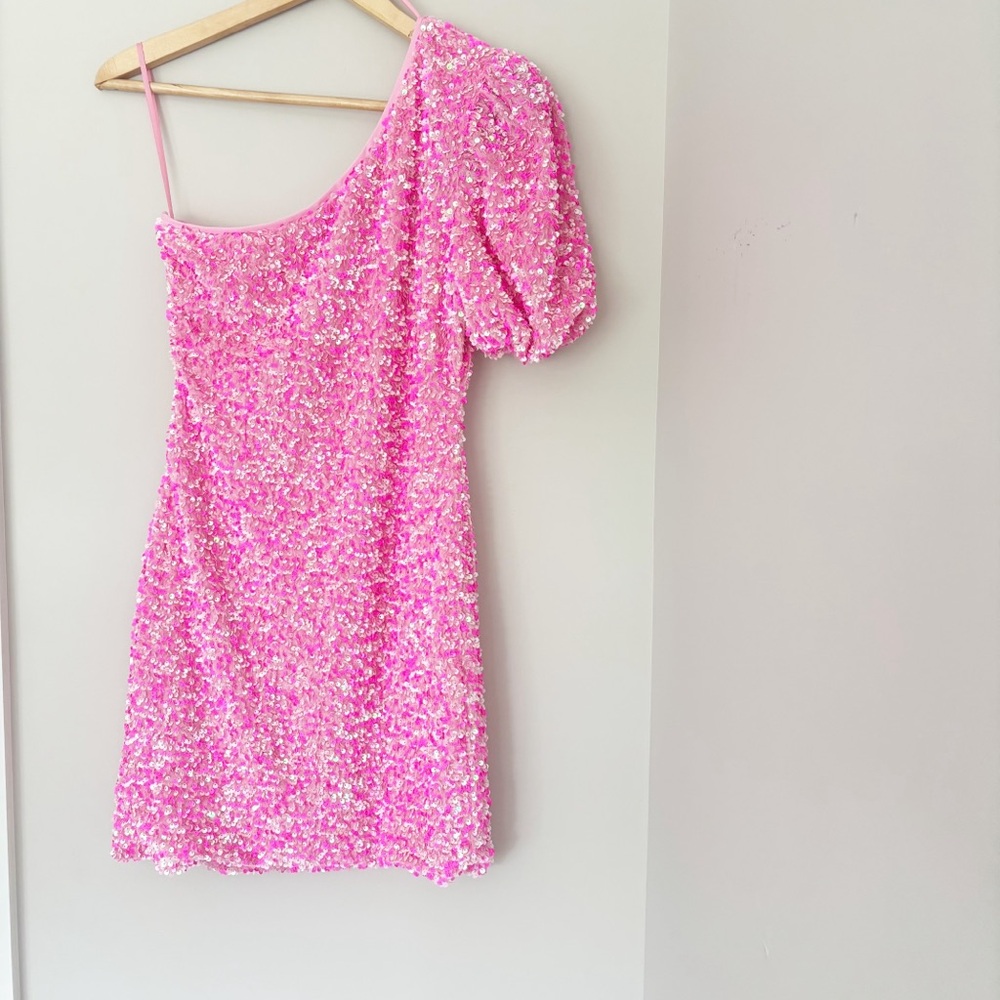 Glamorous One Shoulder Pink Sequin Dress - Picture 2 of 5
